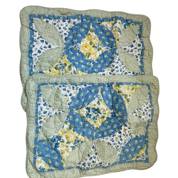 Laura Ashley Cottage Floral Quilted Pillow Sham Set Green Blue Yellow 20x26 - Picture 1 of 8